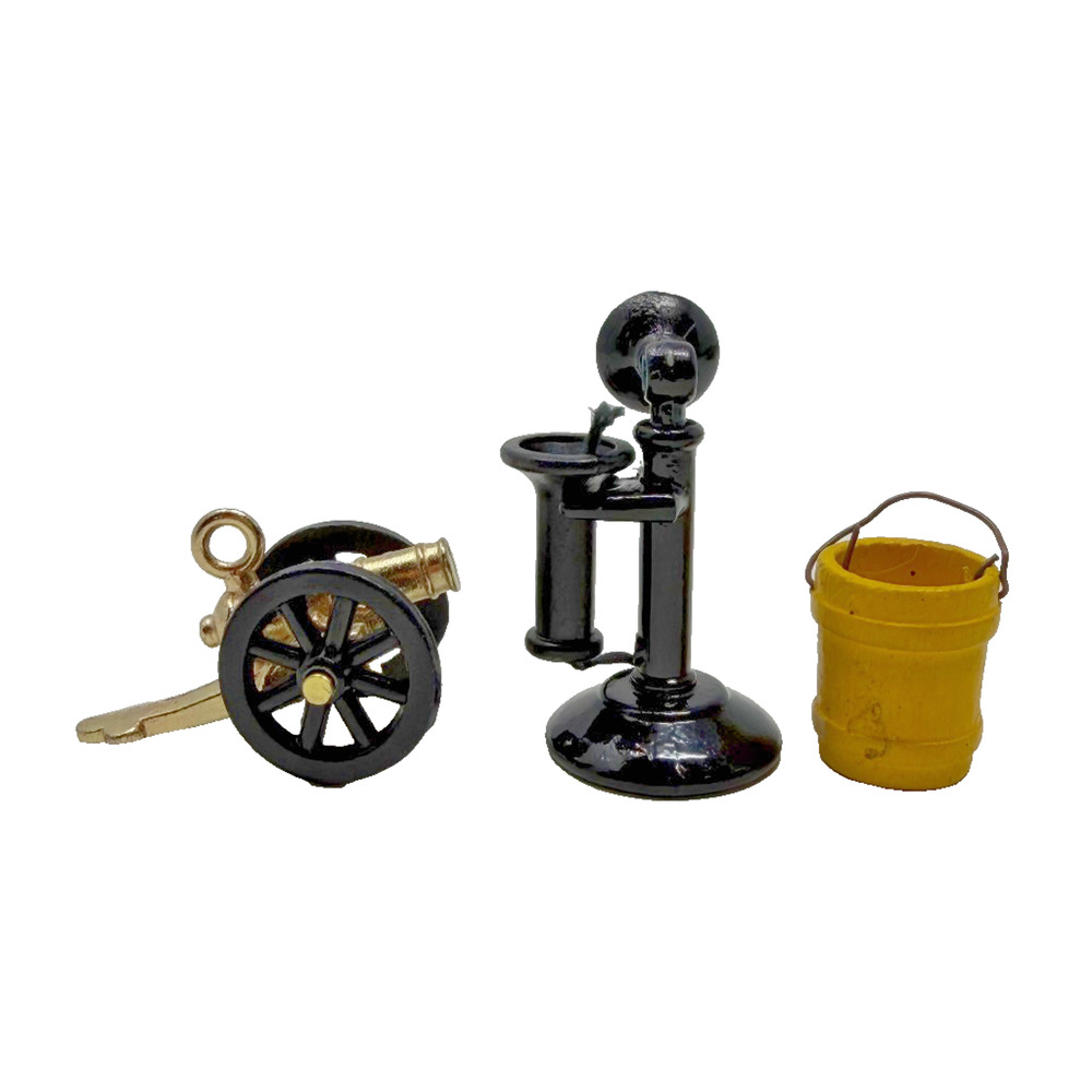 Lot 3 Vintage Style Dollhouse Miniatures Cannon Telephone Bucket EUC